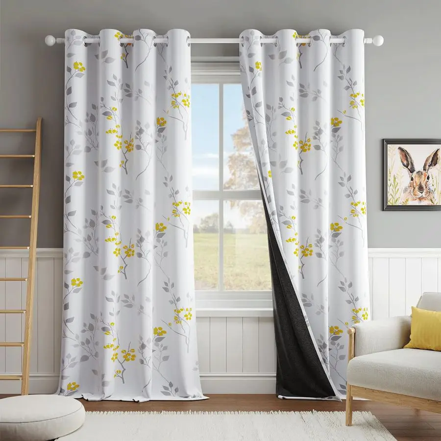 

Floral 100 Blackout Curtains 84 Inches Long 2 Panels for Bedroom Living Room Yellow Grey and White Flower Patterned Room Darkeni