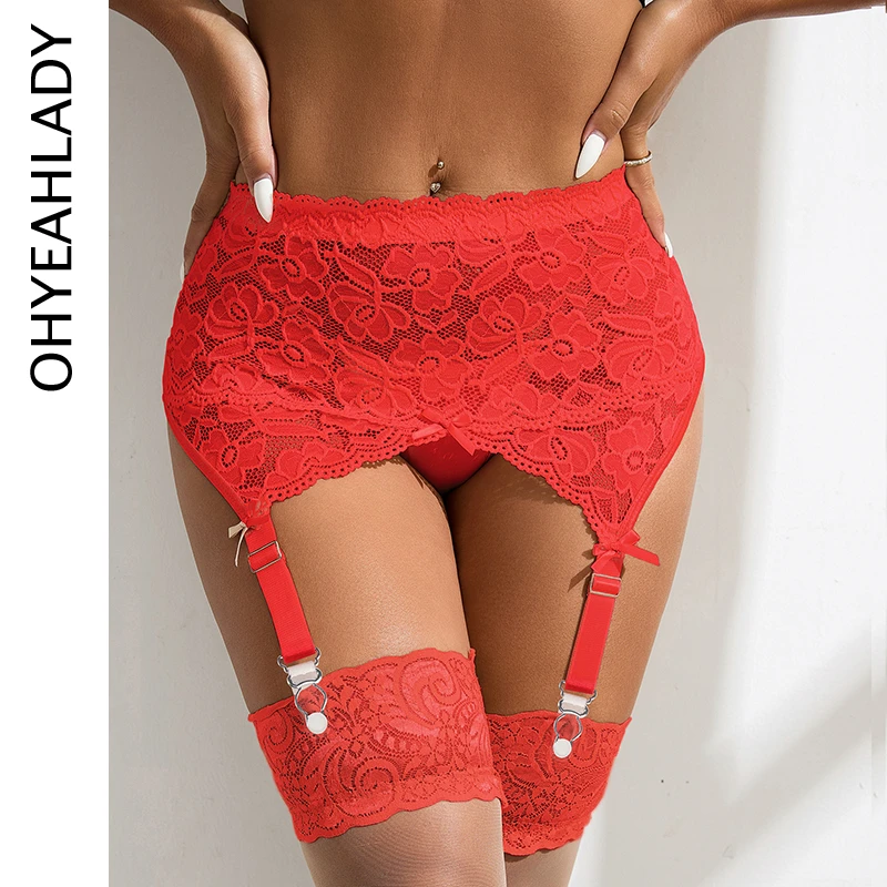 

Ohyeahdear Floral Lace Women Garter Panties High Waist Solid Red Suspender See Through Plus Size Sexy Underwear with Garter Belt