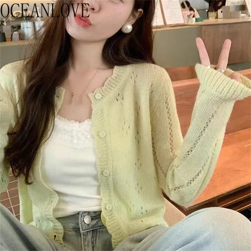 OCEANLOVE Spring Summer Thin Short Cardigans Solid Transparent Sunscreen Sweet Women Sweaters Korean Fashion Cute Knitwears