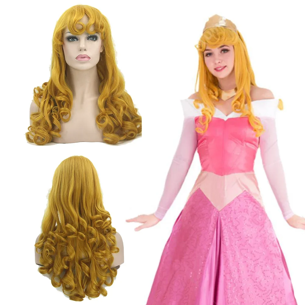 Synthetic Hair Princess Aurora Wig Sleeping Beauty Golden Long Curly Cosplay Wig for Halloween Party Costume Accessory
