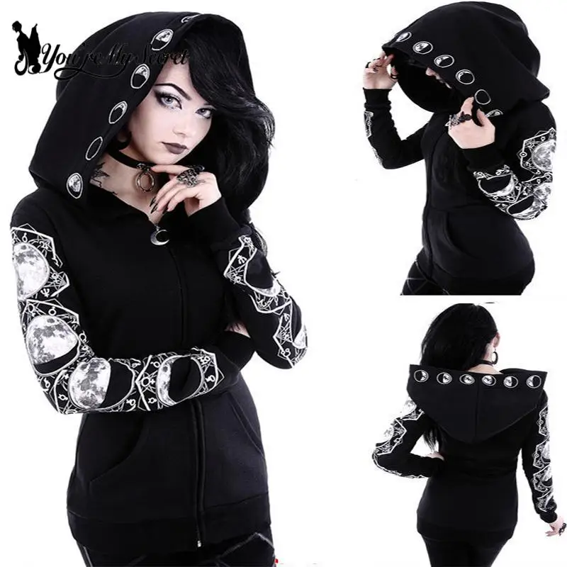 [You\'re My Secret] Gothic Punk style Black Women Hoodies Sweatshirts Autumn Winter Printed Long Sleeve Hoodie Female Coat Hooded