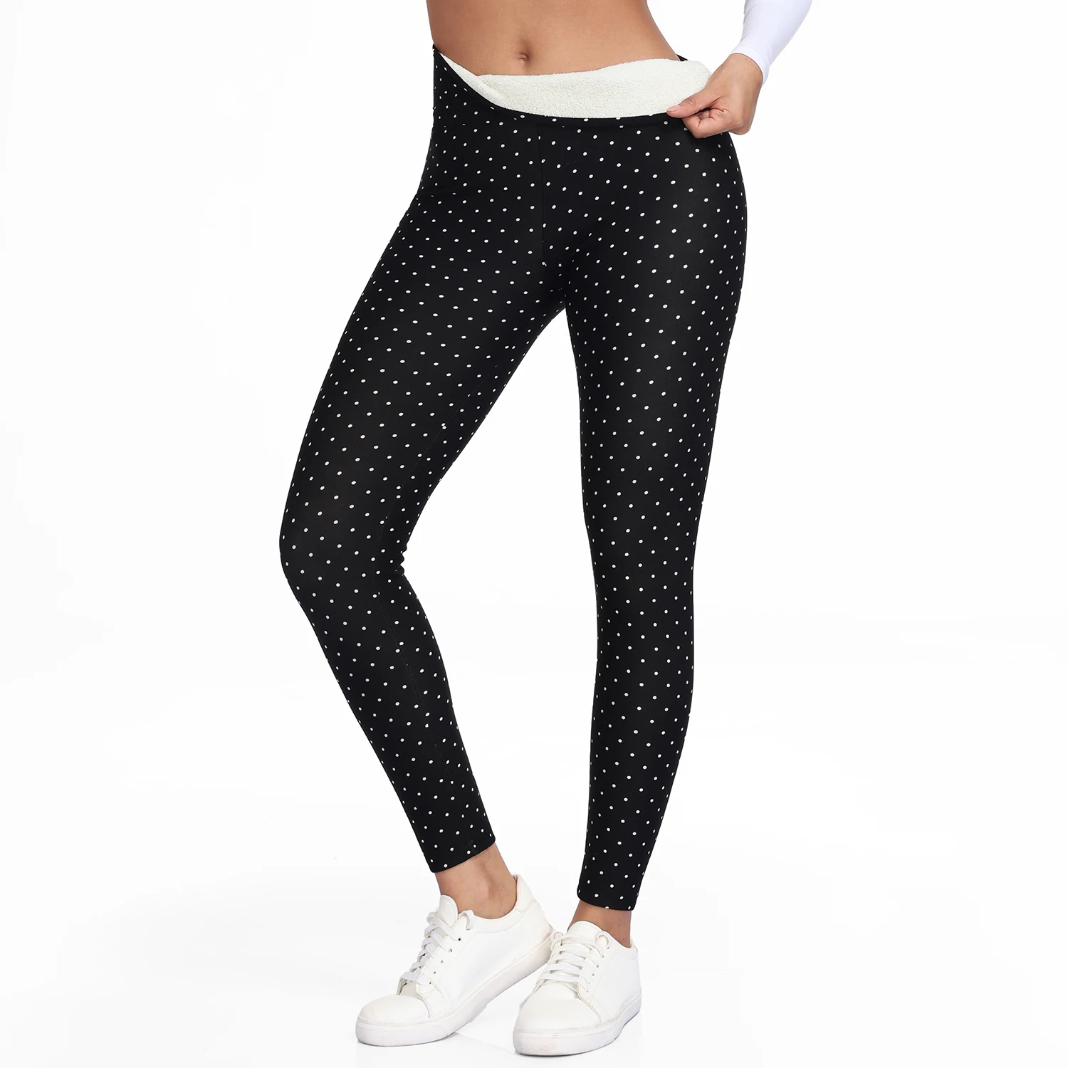  Women Velvet Pack Black White Small Polka Dot High Waist Leggings 4 Way Stretch Soft Breathable Slim Warm Pants For Yoga Sport