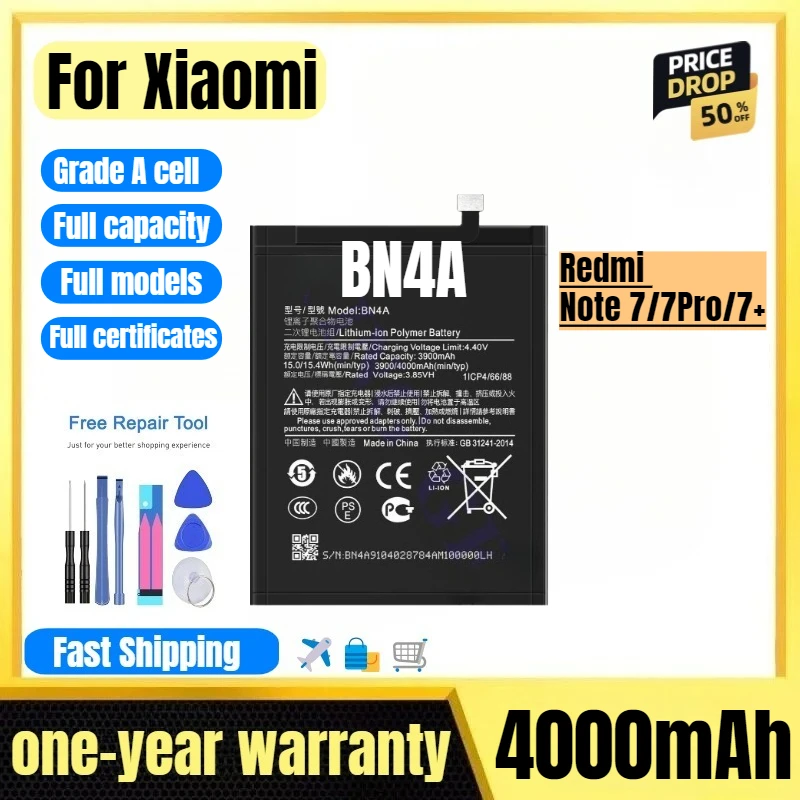 

BN4A for Xiaomi Redmi Note 7/7Pro/7+ Mobile Phone Battery High Quality High Capacity Replacement Bateria Grade A Cell with Tools