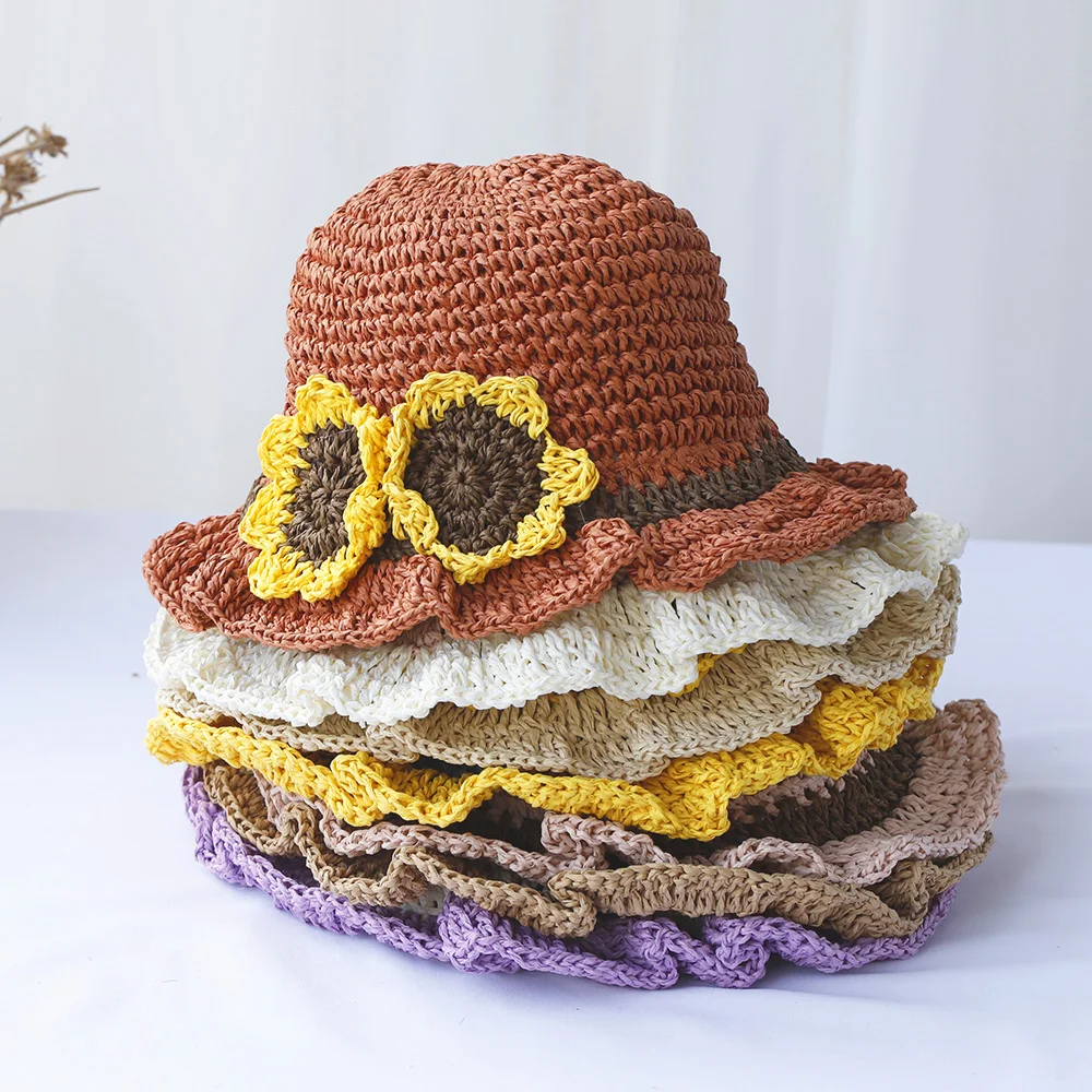 new Cute and Sweet Children\'s straw hat, girl\'s sun hat, sunflower hat, lace with windproof rope, holiday hat handmade straw hat