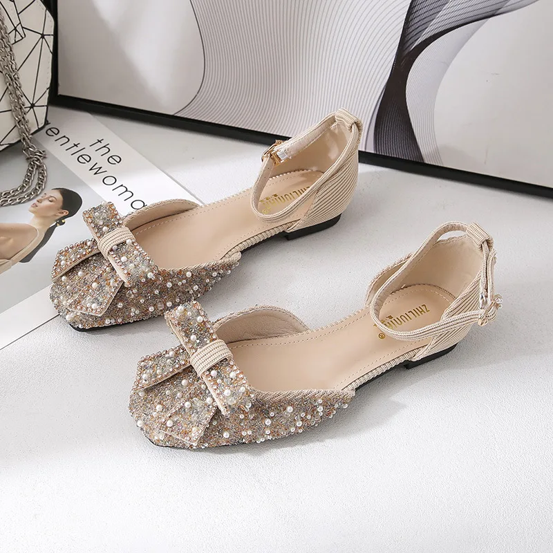 

Rhinestone Sandals Woman Shoes Fashion Flats Closed Toe Slides Buckle Hollow Out Summer Sandals Butterfly Knot Oversize Shoes