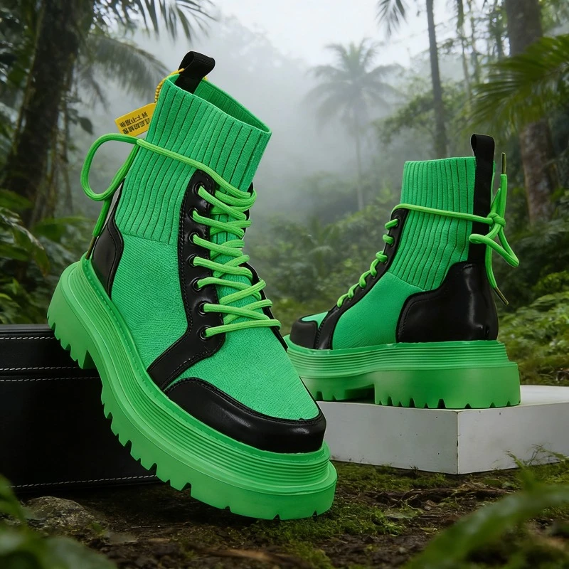 Street Style Thick Sole Man Fashion Sock Boots for Men Breathable Height Increased High Top Male Platform Boots Green Black