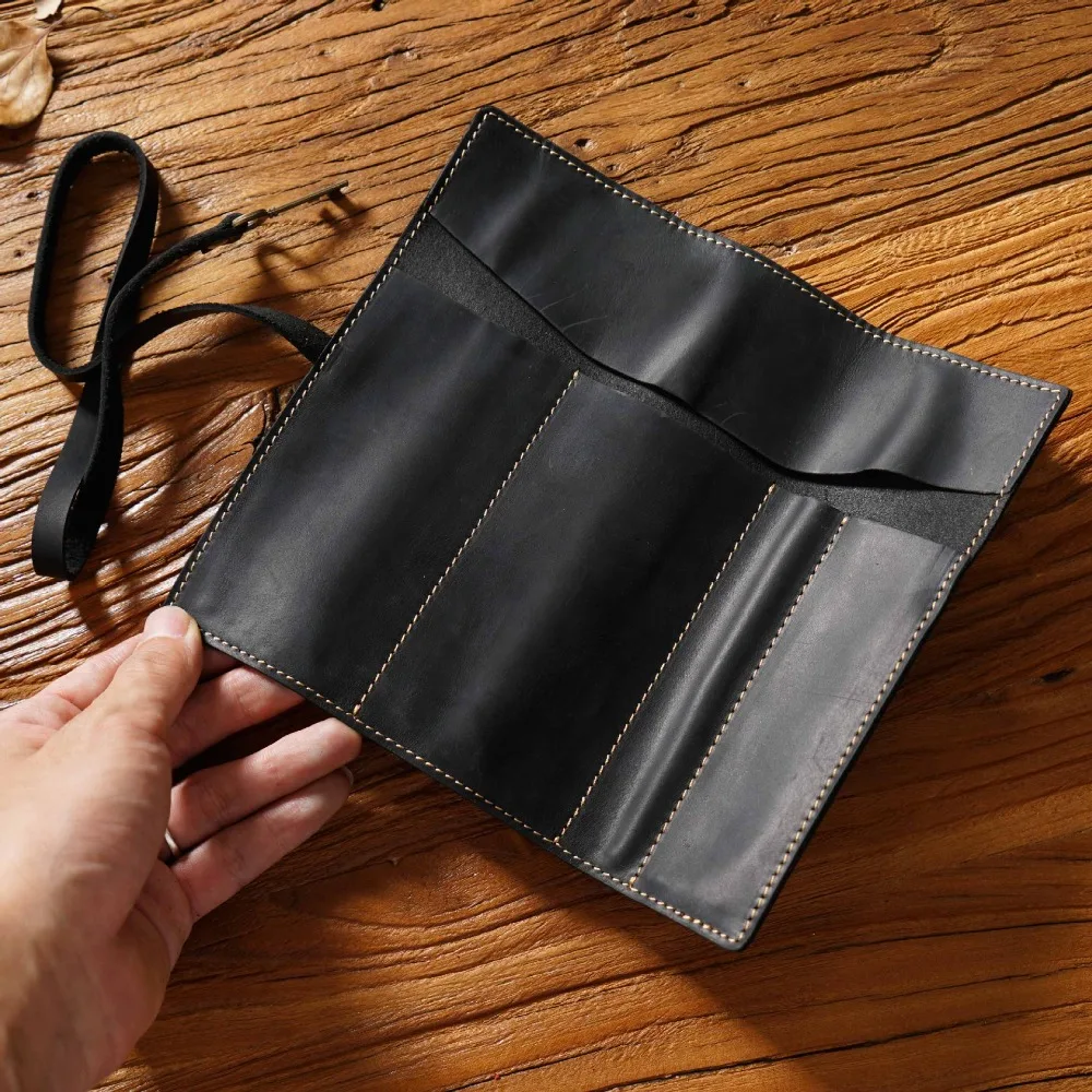 牛革製ペンバッグ-多機能ロールアップペンシルケース-レトロハンドメイド-ヴィンテージ牛革ペンケース-文房具収納