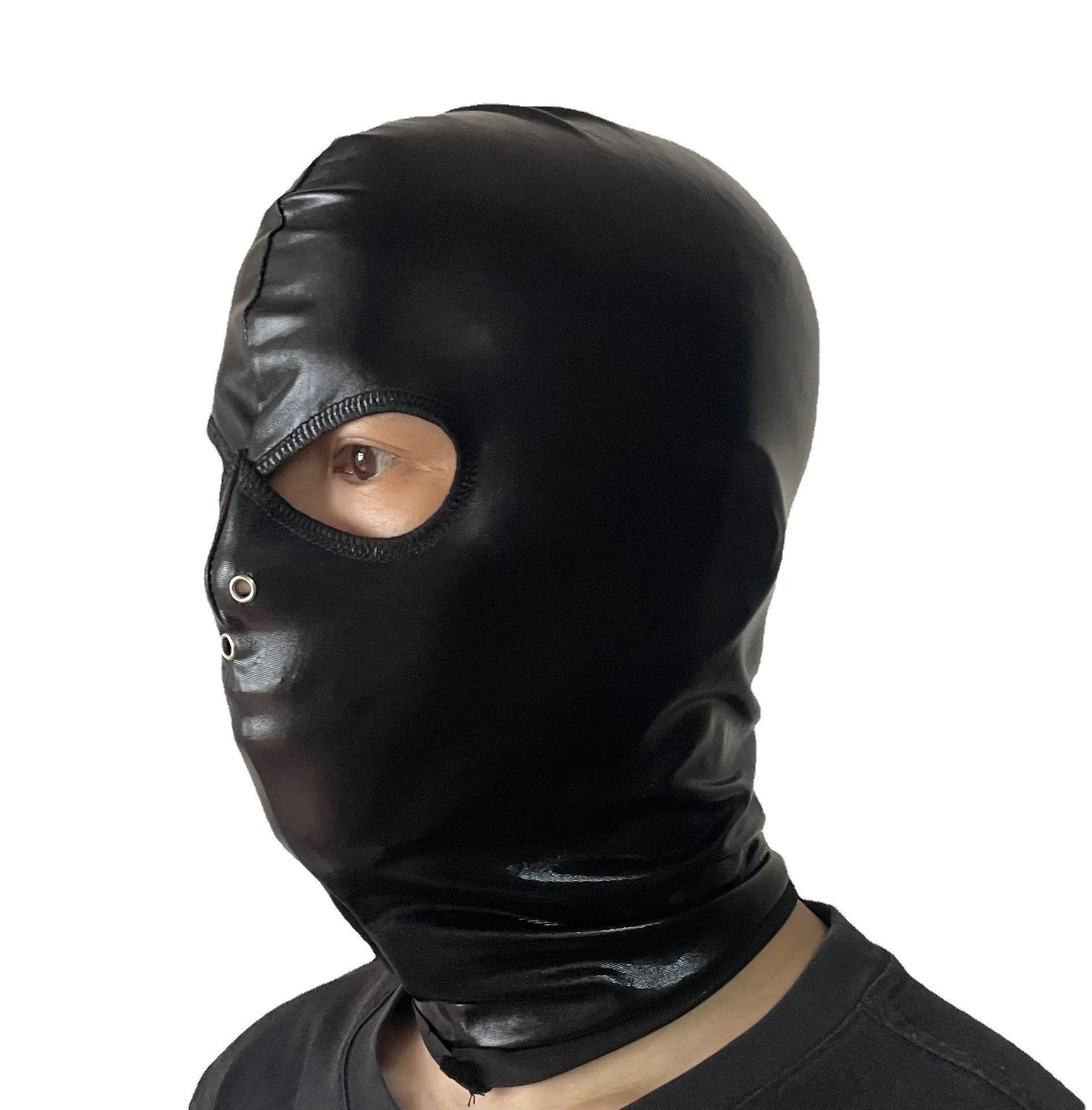 Black Leather Hood Mask Spandex Breathable Mens Latex Headpiece Halloween Coplay Mask for Costume Party Role Play Headgear