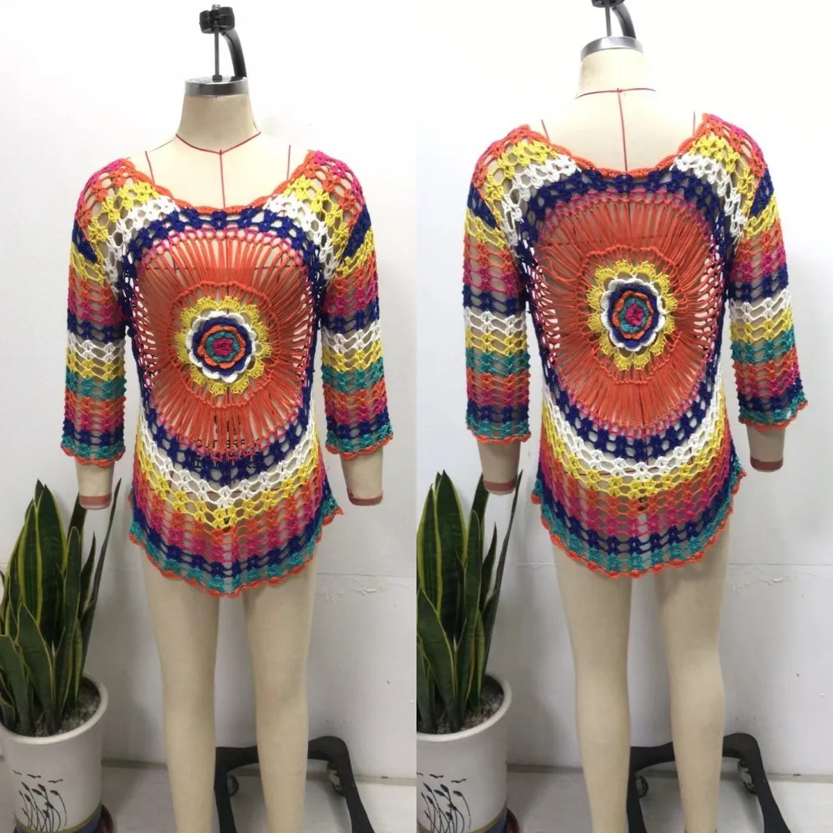 Regenboog hand gehaakte bikini cover-up voor vrouwen uitgehold strandjurk met lange mouwen Boheemse stijl zomer strandkleding