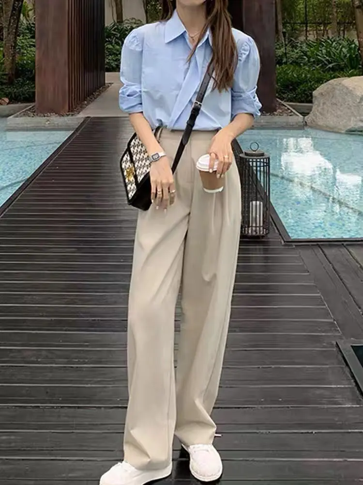 2023 New Retro Straight Wide Leg Brown Pants Vintage Female Korean High Waist Casual Long Navy Blue Pants White Beige Trousers