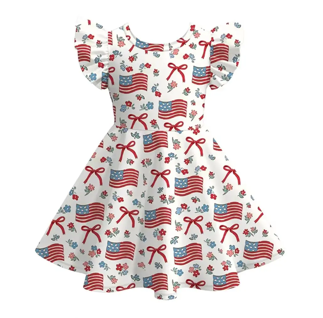 Toddler Girl 4th of July Bow  Twirl Dress Kids  Summer Casual USA Flag Ruffle Sleeve Girls Dress