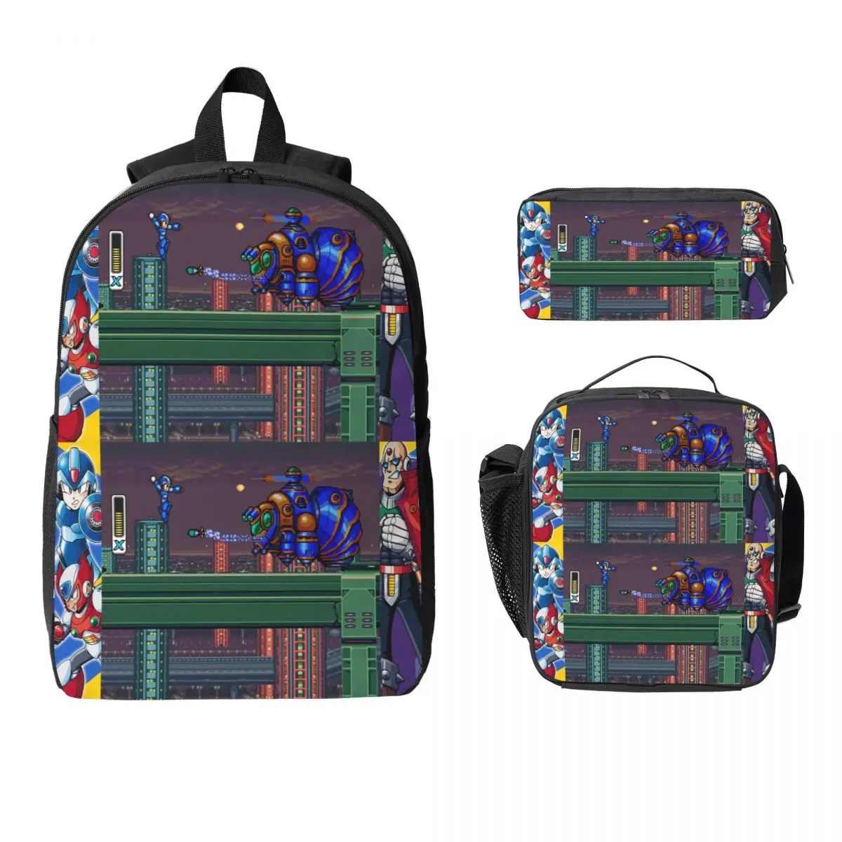 

Megaman Video Game Mega Man Backpack Boys Girls BookBag School Bag Computer Shoulder Bags 3ps Insulated Lunch Bag Pencil Case