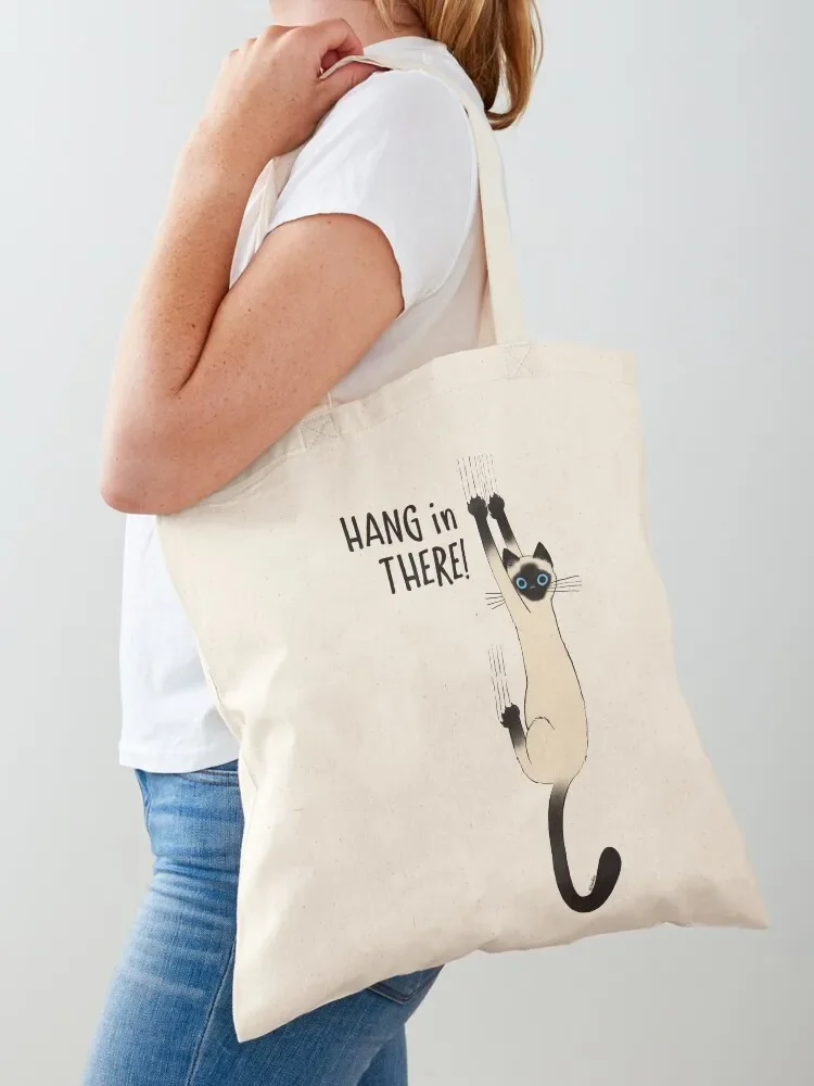 Siamese Cat Hang in There! Funny Cat Hanging On With Claws Tote Bag tote bag Canvas bag