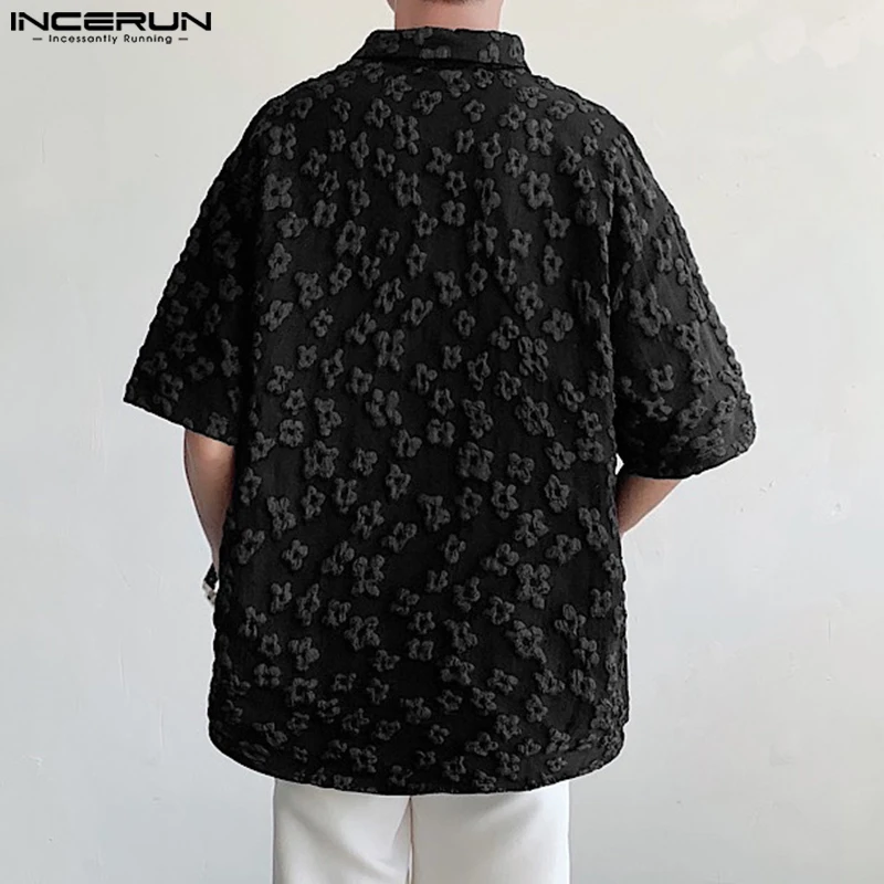 INCERUN Tops 2024 Mens Shirts Flower Jacquard Korean Style Lapel Short Sleeve Clothing Streetwear Loose Fashionable Blouse S-5XL