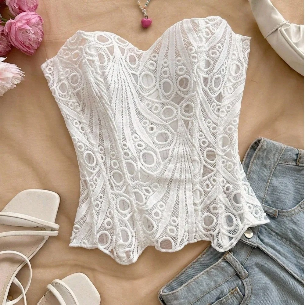 Vintage Back Tie Hollow Out Corset Top Fishbone Irregular Hem Slimming Tube Top Mesh Splicing Lace Corset Clubwear