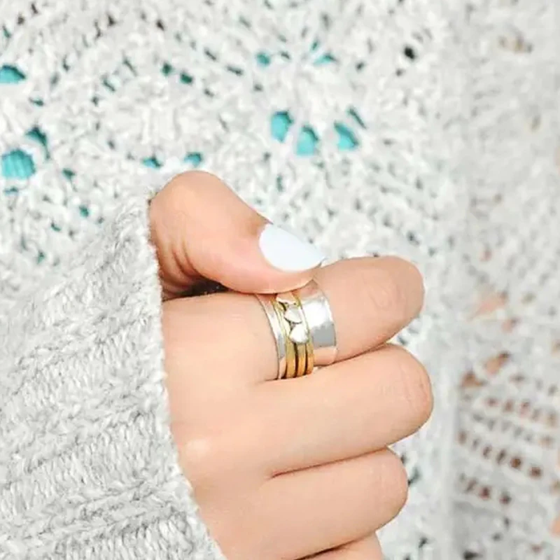 Huitan Hip Hop Wide Rings for Women Two Tone Metal Finger Accessories 3 Hearts Exquisite Female Rings Daily Wear Party Jewelry