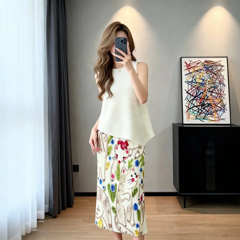 Miyake Pleated 2026 New Hand-painted Cat Print Skirt High Waist Elastic Straight Long Skirt Fashionable Age-reducing Versatile