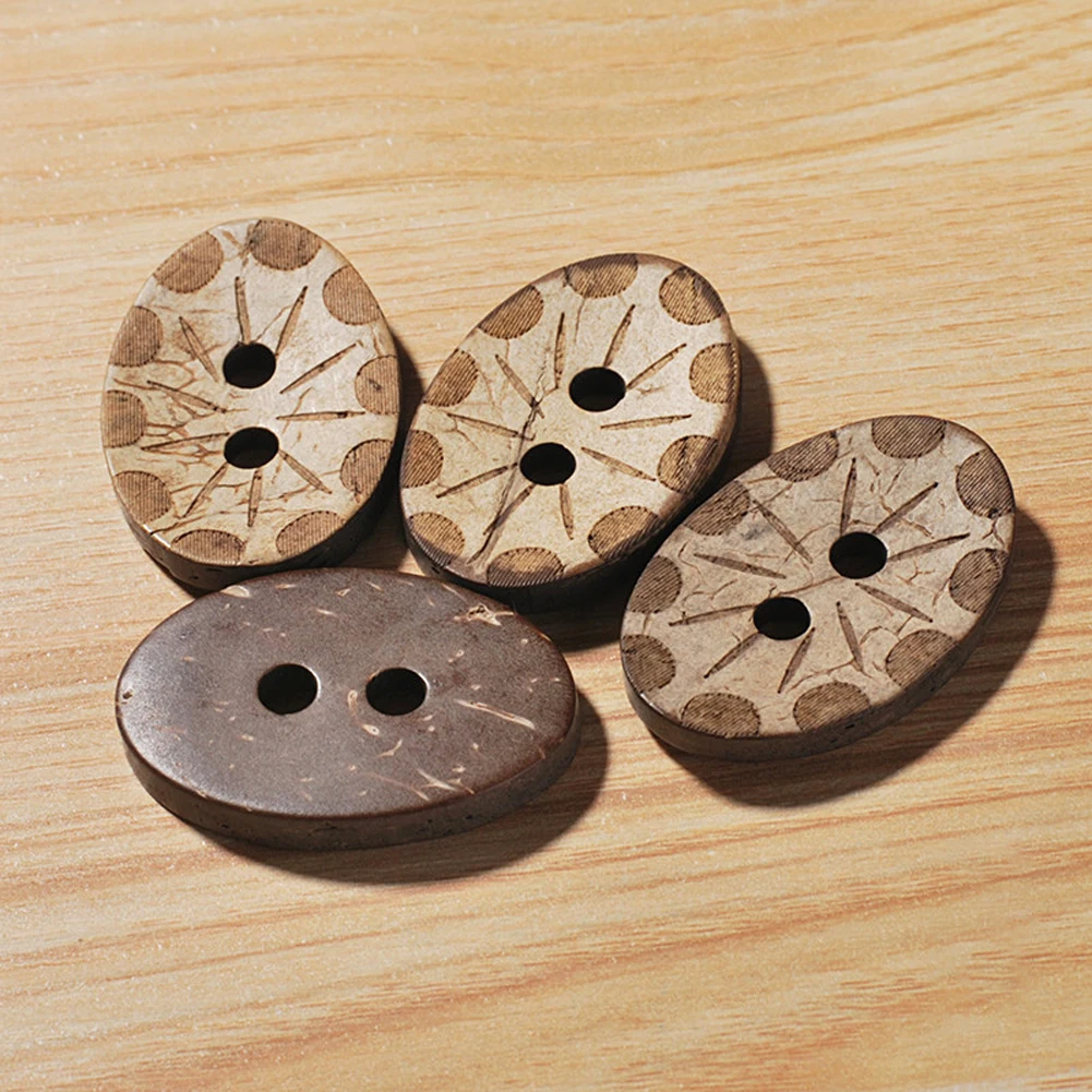 10pcs Coconut Shell Buttons Natural Wood Carve Oval 2 Holes Flatback Button DIY Sweater Coat Sew Accessories Scrapbook Fastener