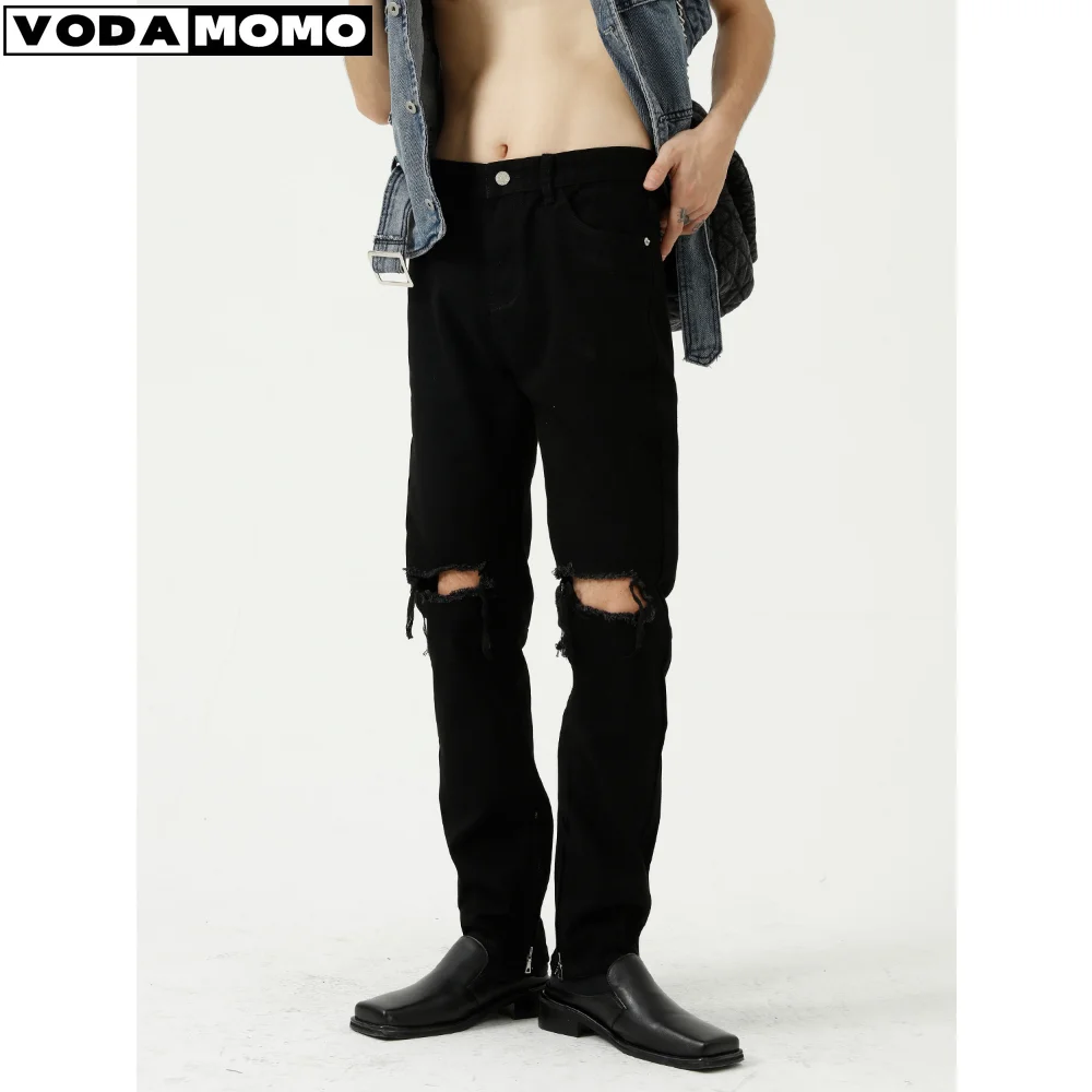 

New High Quality Men's Worn Small Foot Elastic Jeans, Black Dark Blue Wash Tight Jeans black jeans men clothing jeans men