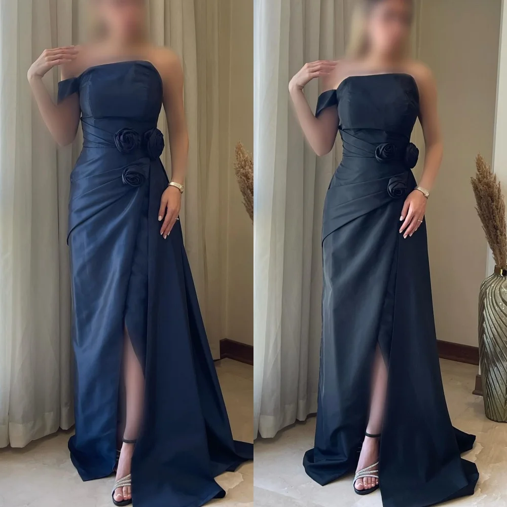 맞춤형 모던 스타일 심플 핸드메이드 플라워 플리츠 스트랩리스 롱 드레스 맞춤형 행사 드레스 클래식 매칭