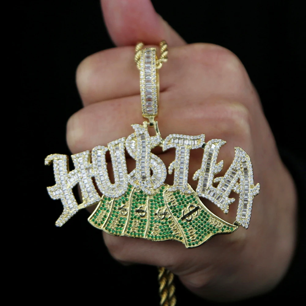 2024 New Fashion Iced Out Bling Letter Hustla Pendant Necklace Gold Color Full CZ Zircon Money Charm Men Fashion Hiphop Jewelry