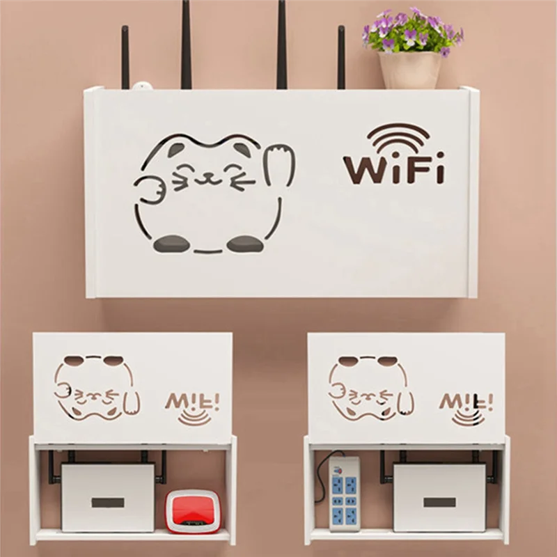 T06C-2PcsWifi Router Storage Box Outlet Set Top Cable Wooden Case Wall Mount Power Strip Switch Hide Shelf Hanging Organizers