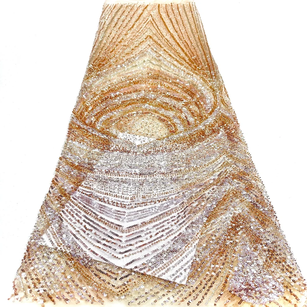 

African & French Lace Fabric Per Meter,5Yard Pink Mesh Tulle Fabrics With Sequin & Beaded, Suitable For Wedding Dresses Design