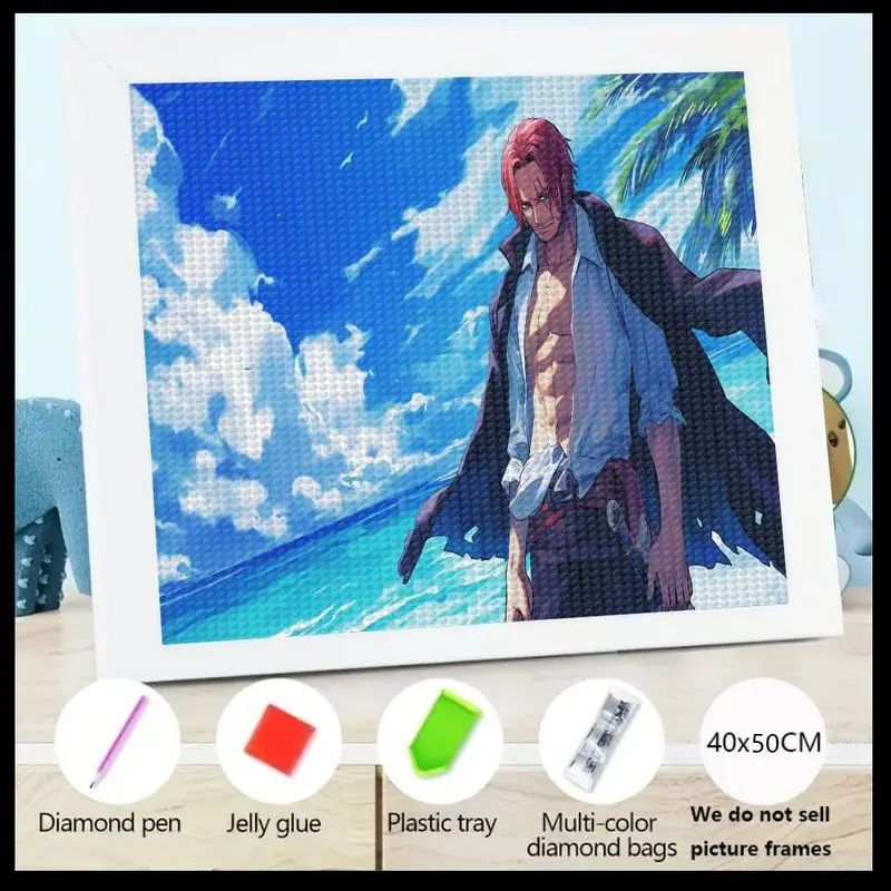 

1PC 5D Full Drill Diamond Painting Kit, One Piece Red-Haired Shanks Anime Art, Tropical Beach Ocean Scene Crystal Rhinestone Emb