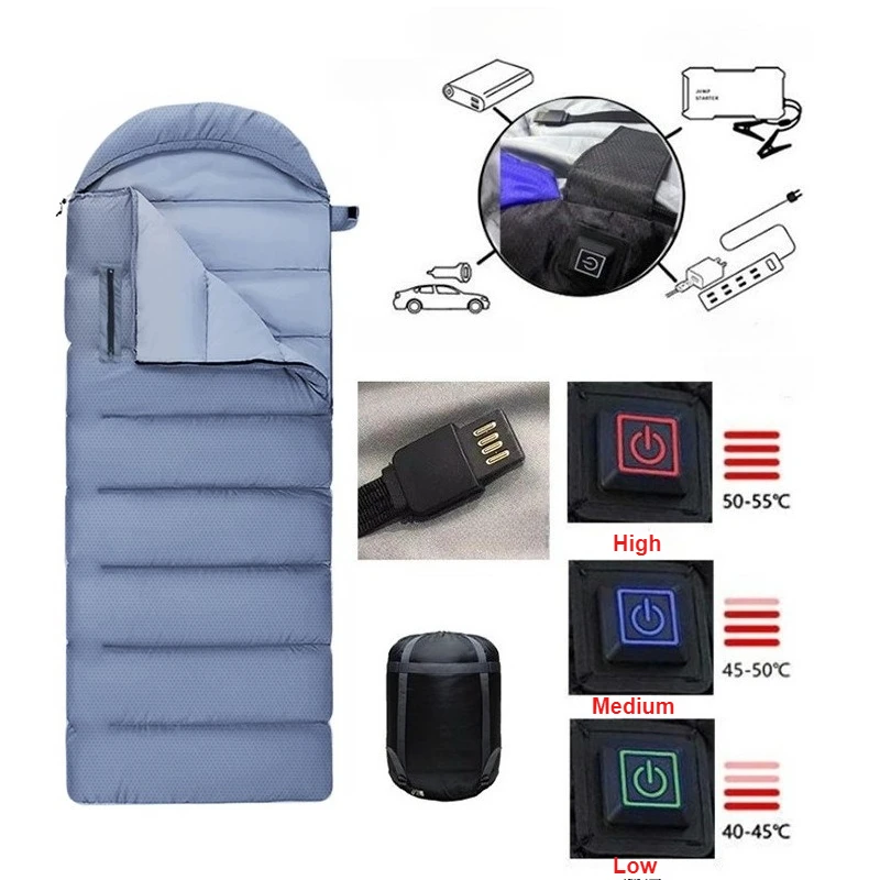 USB Heated Camping Sleeping Bag Hand Access Machine Washable Thickened Warm for Adult Outdoor Hiking Office Rest