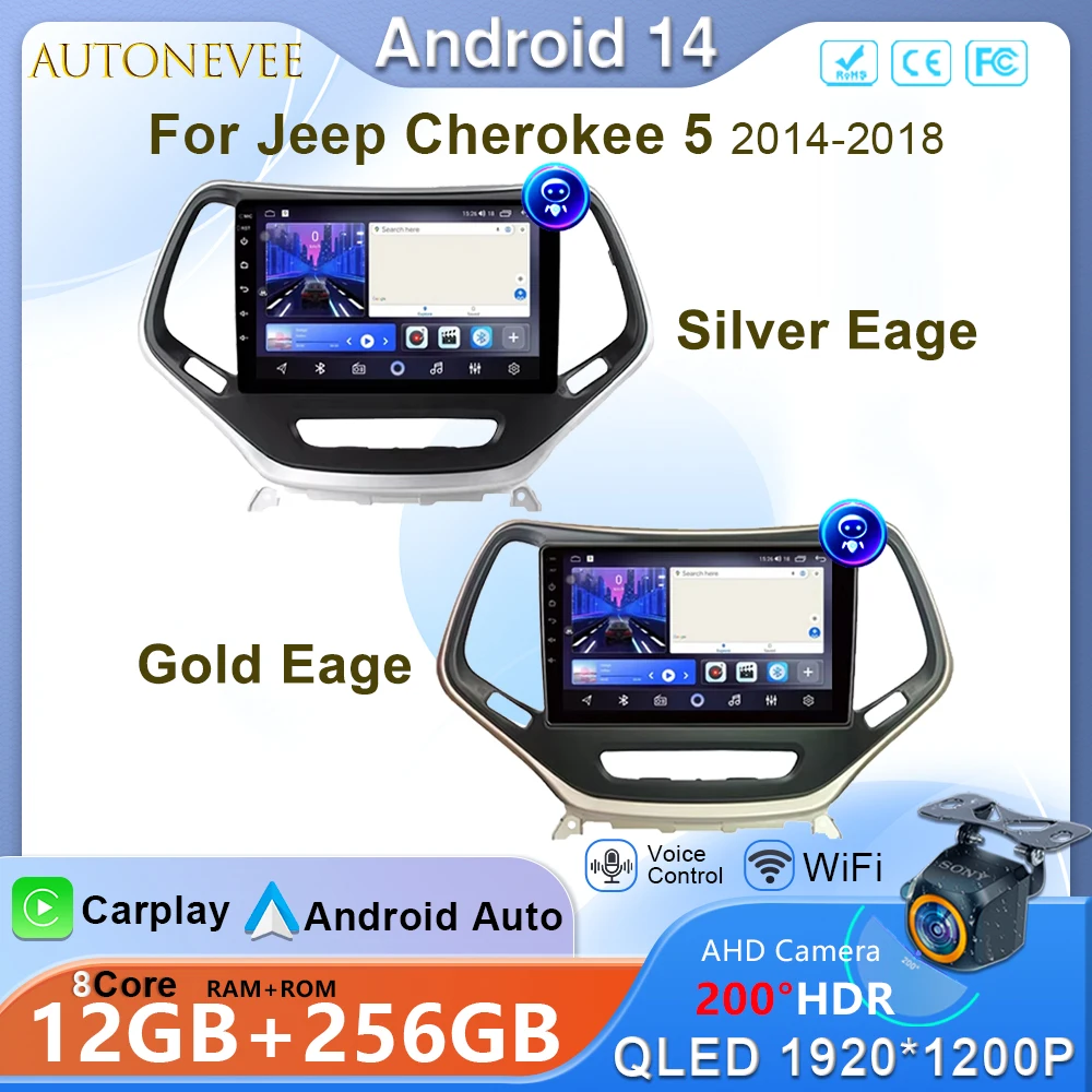 AutoNeve 10'' For Jeep Cherokee 5 2014-2018 Silver Gold Edge Android 14 Car Radio Multimedia Video Player Navigation GPS Stereo