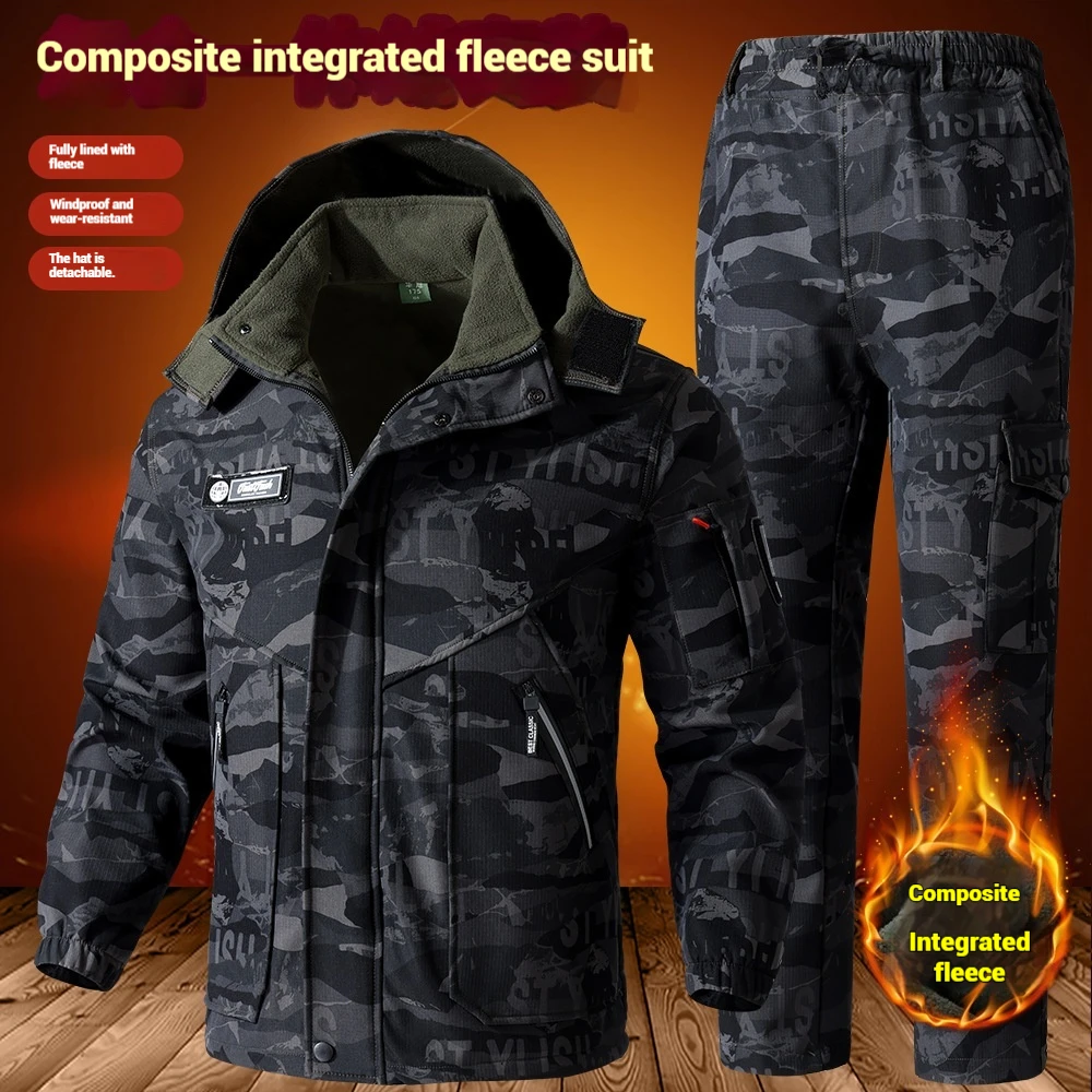 

Зимний бархатный рабочий костюм, теплый и морозостойкий камуфляжный костюм, сверхпрочный ветрозащитный и износостойкий зимний костюм.