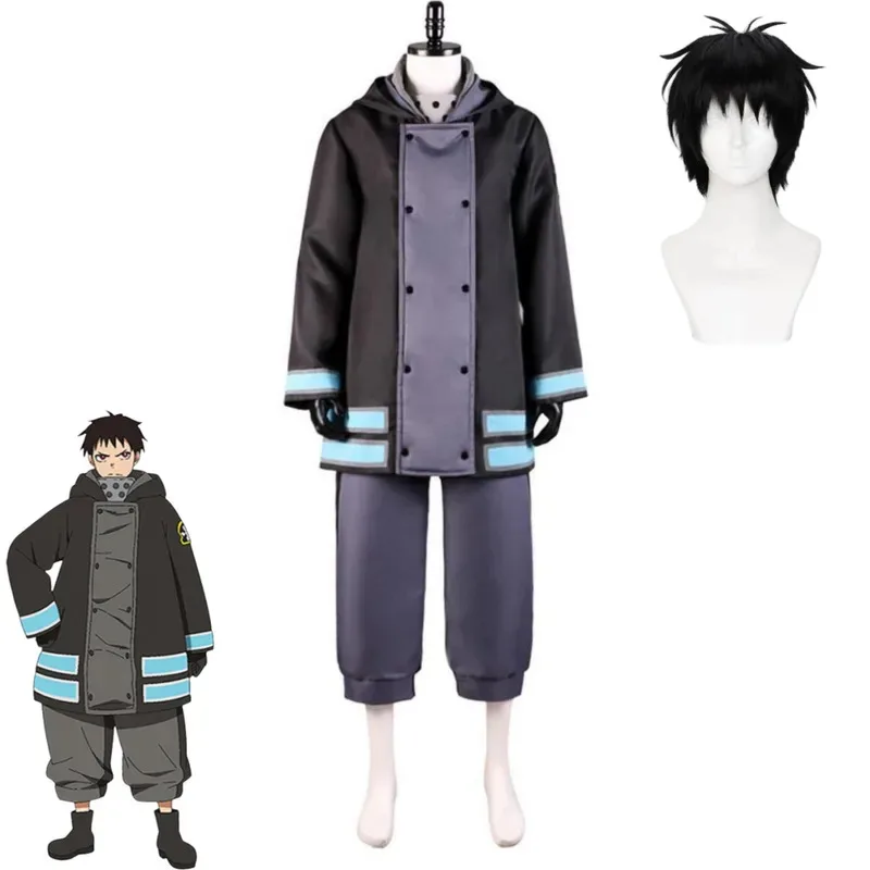 Kostum Cosplay Anime Fireforce Season 2 Shinra Kusakabe Fire Force Mantel Seragam Tim Hitam Musim Dingin Wig Pria Setelan Halloween Vl;6