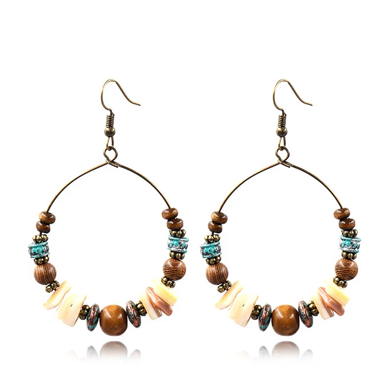 Ethnic Vintage Boho Drop Dangle Earrings For Women Big Hoop Wire Handmade Beaded Earrings Wooden Acrylic Bronze Color Earings