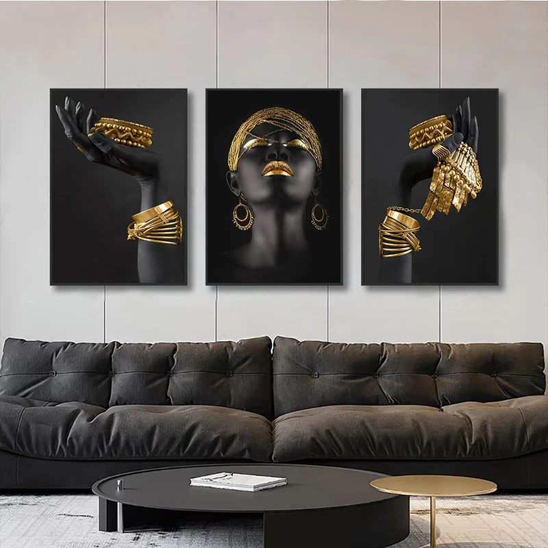 Pósteres artísticos de pared de mujer africana e impresión de mujer negra grande con joyería dorada, cuadro sobre lienzo para decoración del hogar y la sala de estar