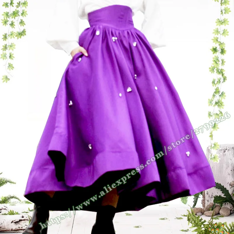 

2024 Hepburn Retro Fashion Style Slim Bead High Waist A-line Sun Pleated Purple Satin Long Skirt for Womens Umbrella Maxi Skirt