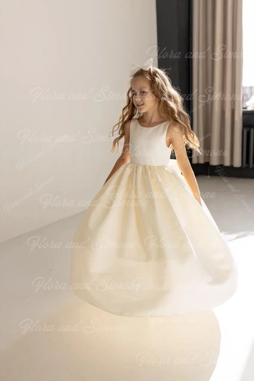 Vestido de cetim branco para meninas, vestido até o chão, linha a, com costas abertas e laço para cerimônias de casamento, festas formais de recepção