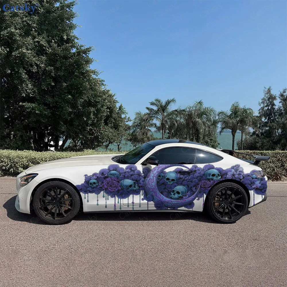 2pcs Night Fantasy Moon Skull Floral Car Side Wrap, Self-Adhesive PVC Waterproof & Scratch-Resistant Sticker, Car Accessory Gift