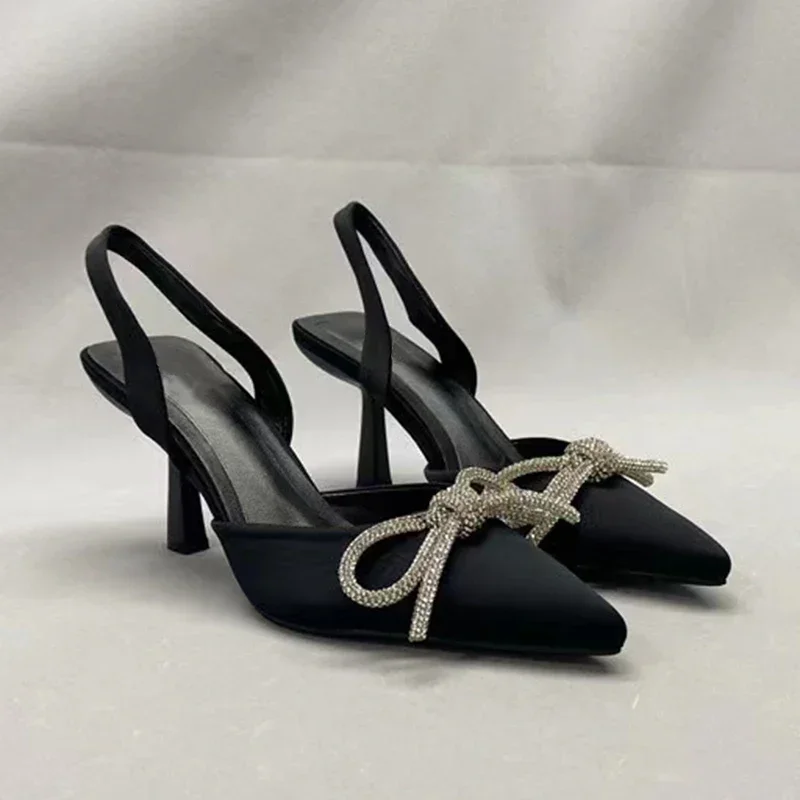 2024Women Blue Slingback Pumps High Heels Crystal Bowknot Party Dress Shoes Sexy Pointed Toe Stiletto Heel Sandals Summer