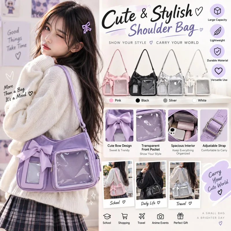 Bowknot Itabag Cute Shoulder Bag, Transparent Window Display Pouch Plush, Doll Showcase Crossbody Tote Handbag, For Girls Gift