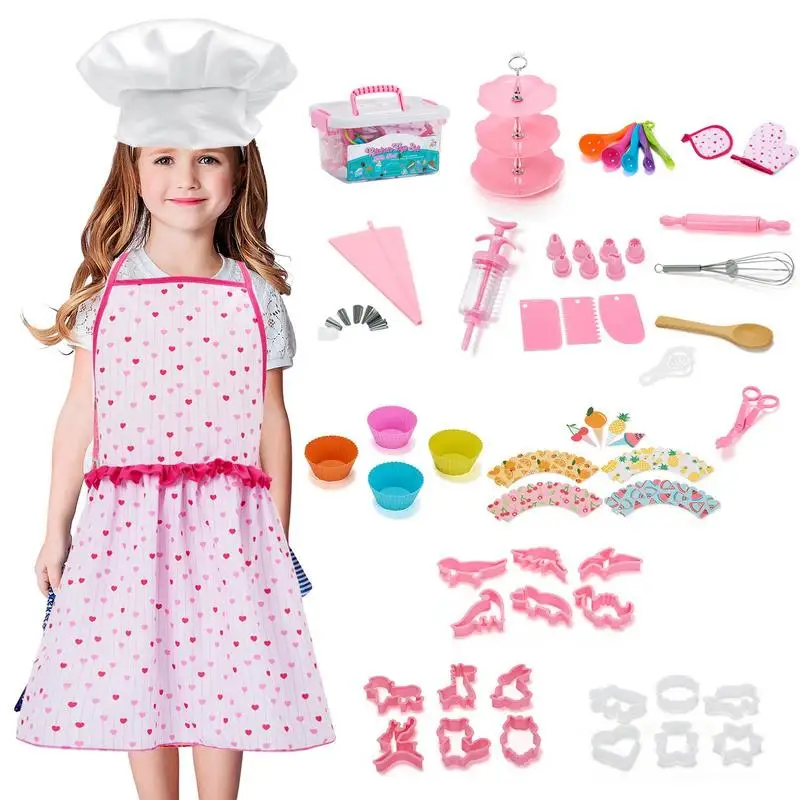 

Children's Cooking Chef Set Kids Baking Set With Dinosaur Apron And Chef Hat 64pcs Kids Cooking And Baking Toy Set For The