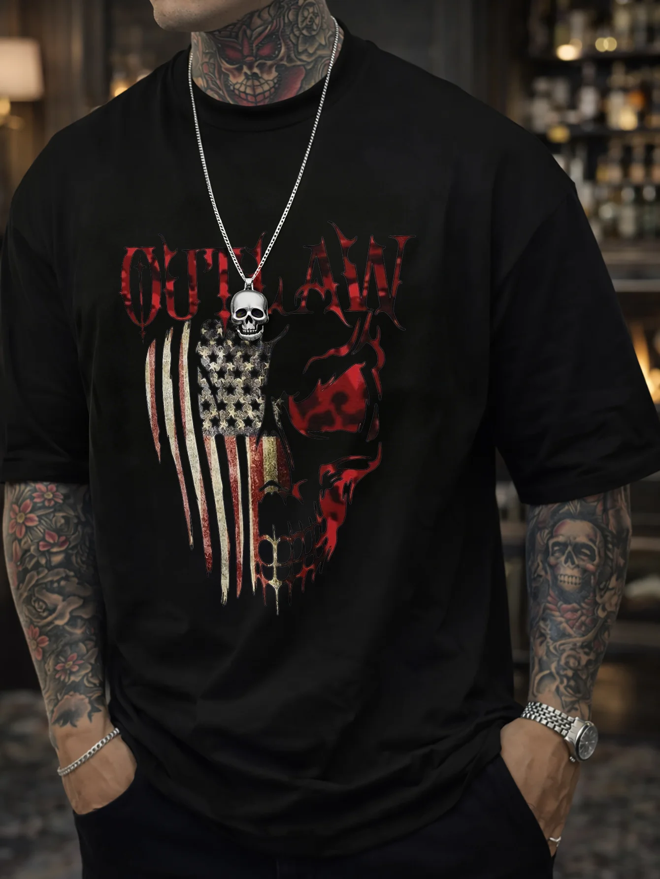 [OUTLAW Men's T-Shirt] Men's OUTLAW Printed T-Shirt - Loose-Fit Casual Short-Sleeve Round Neck T-Shirt with OUTLAW Print, Suitable for Outdoor Wear, Fitness, and Everyday Use,  (Non-Transparent), PLUS SIZE