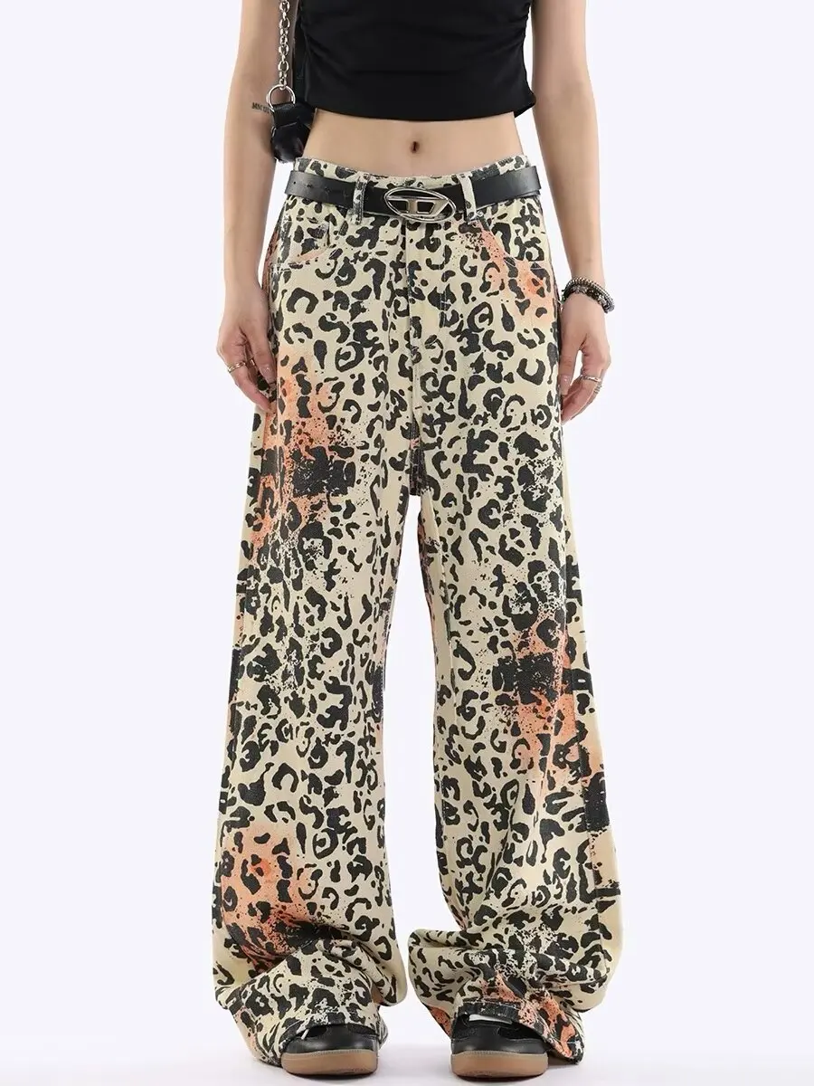 

Woman Vintage Leopard Jeans 2024 Y2k Spring Autumn Simple Casual Oversize Wide Leg Trousers Streetwear Hip Hop Female Loose Pant