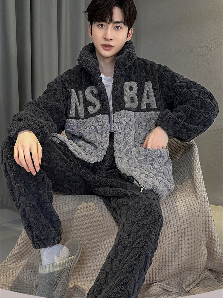 2024 New Winter Warm Pajama Sets Men Stand Collar Coral Fleece Coat + Long Pants Sleepwear for Sleeping Men\'s 2 Pieces Loungwear