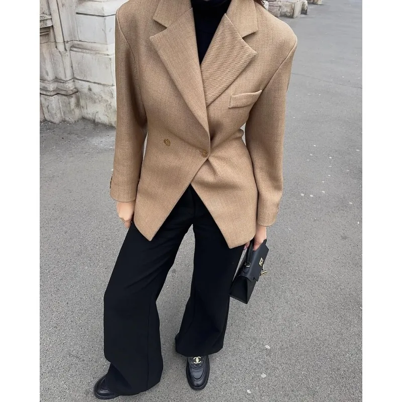 Women's Clothing Blazers Autumn New Khaki Coats Shoulder Pads Fitted Waist Slim Fit Irregular Suits Jackets Long-sleeved Top