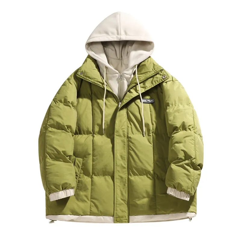 

Новая зимняя мужская куртка-обманка (имитация двухслойности) из хлопка, модная теплая хлопковая одежда для подростков и студентов, с капюшоном, приталенный крой.