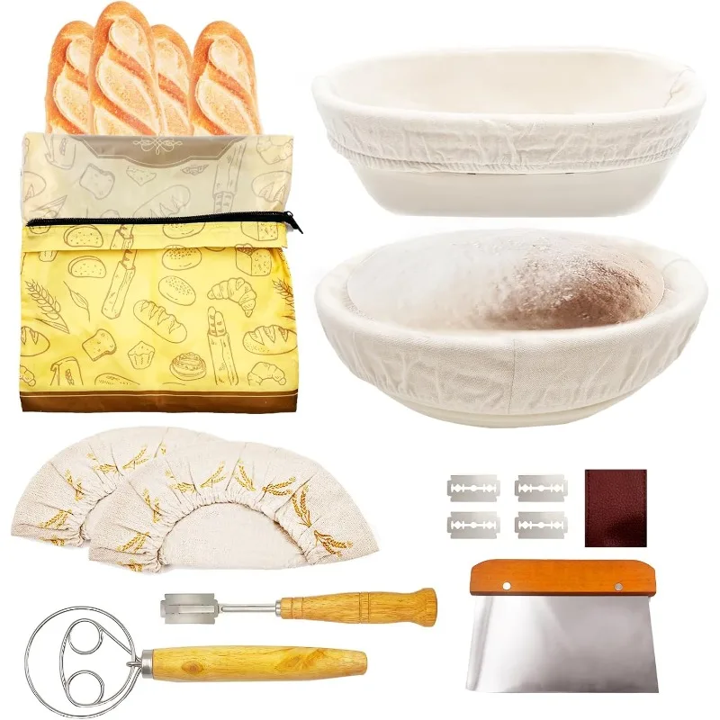 

GARDEN 2 Pcs Bread Proofing Baskets Kit,Sourdough Bread Making Kit with Nylon&TPU Bread Bag,Bread Lame,Dough Whisk,Baking