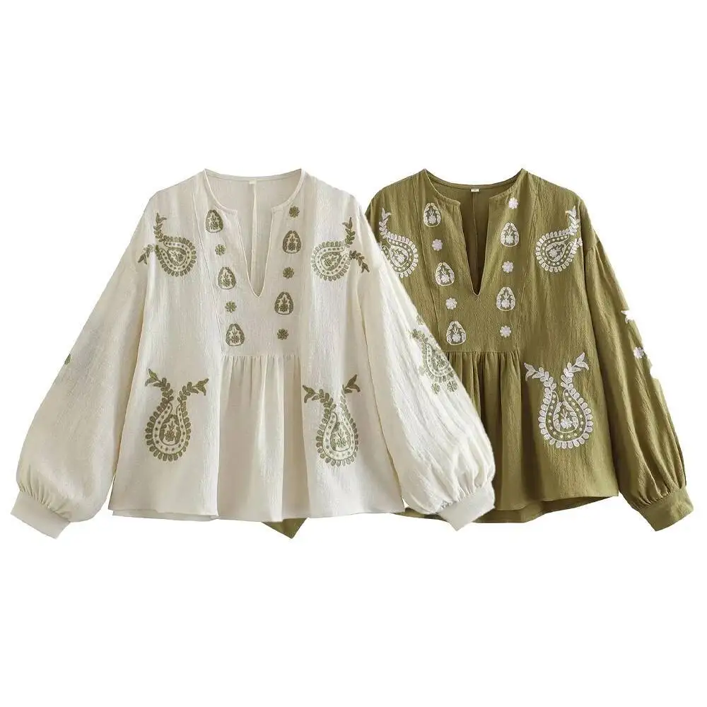 Camisa feminina retrô com decote em V e manga lanterna outono/inverno novo produto casual top bordado