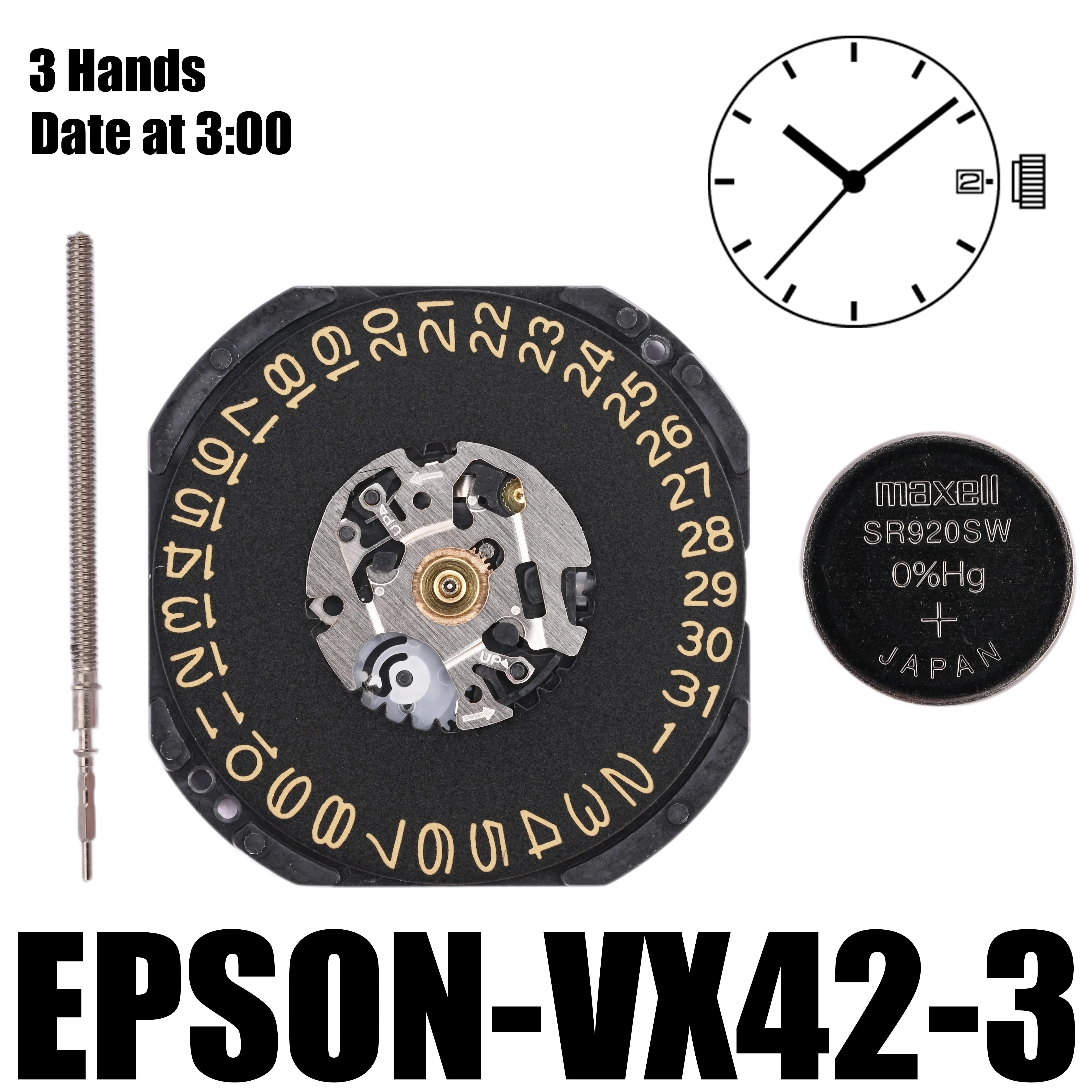 VX42 Movement Epson VX42E Movement 3 Hands Date at 3:00/6:00 Size : 11 1/2\'\'\' Height: 2.62mm Battery Life: 3 years