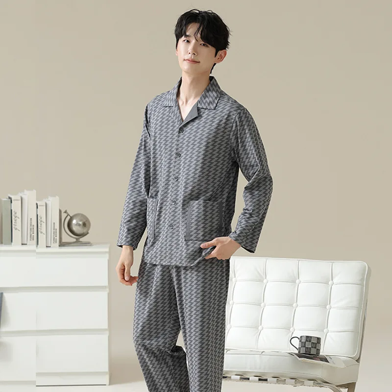 Pajamas men's spring and autumn long-sleeved cardigan can be worn outside, winter thin high-end loungewear suit