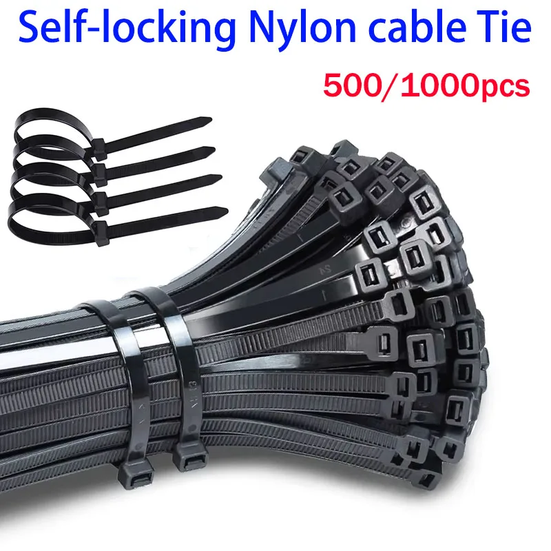 500/1000PCS/bag Self-locking Plastic Nylon Tie Black Zip Wraps Strap Nylon Cable Tie Set Fastening Ring Loop Wire Wrap